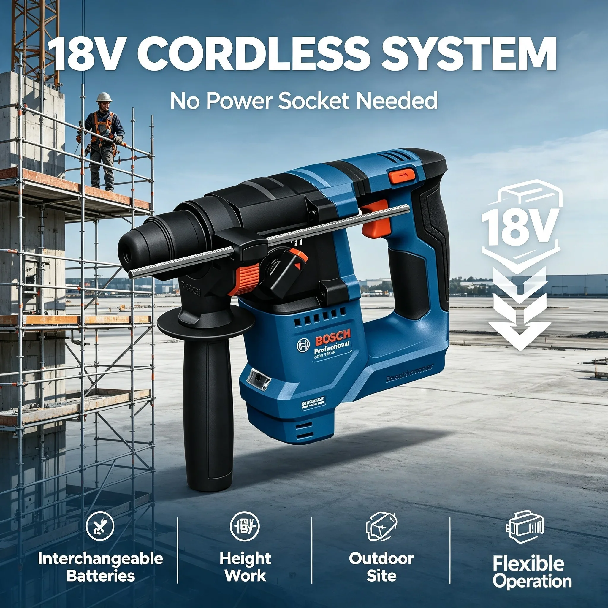 Power Tools Professional - Bosch GBH 18V-18, 18V draadloze boorhamer